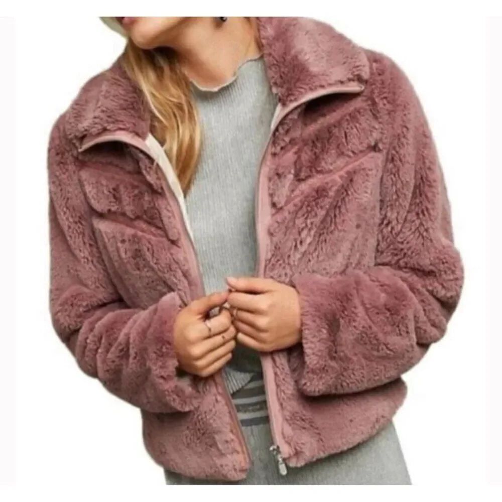 Anthropologie Faux Fur Lace Chevron Bomber dusty mauve Pink Long Sleeve Jacket S